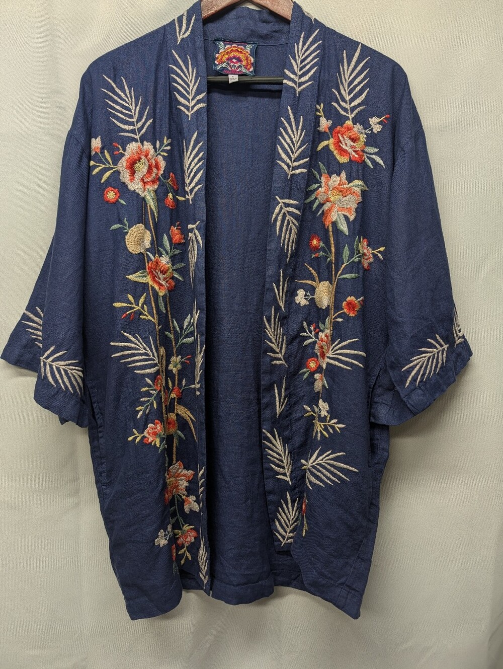 Johnny Was Navy Embroidered Coastal + Floral Linen Kimono Coat, NWOT Size Small